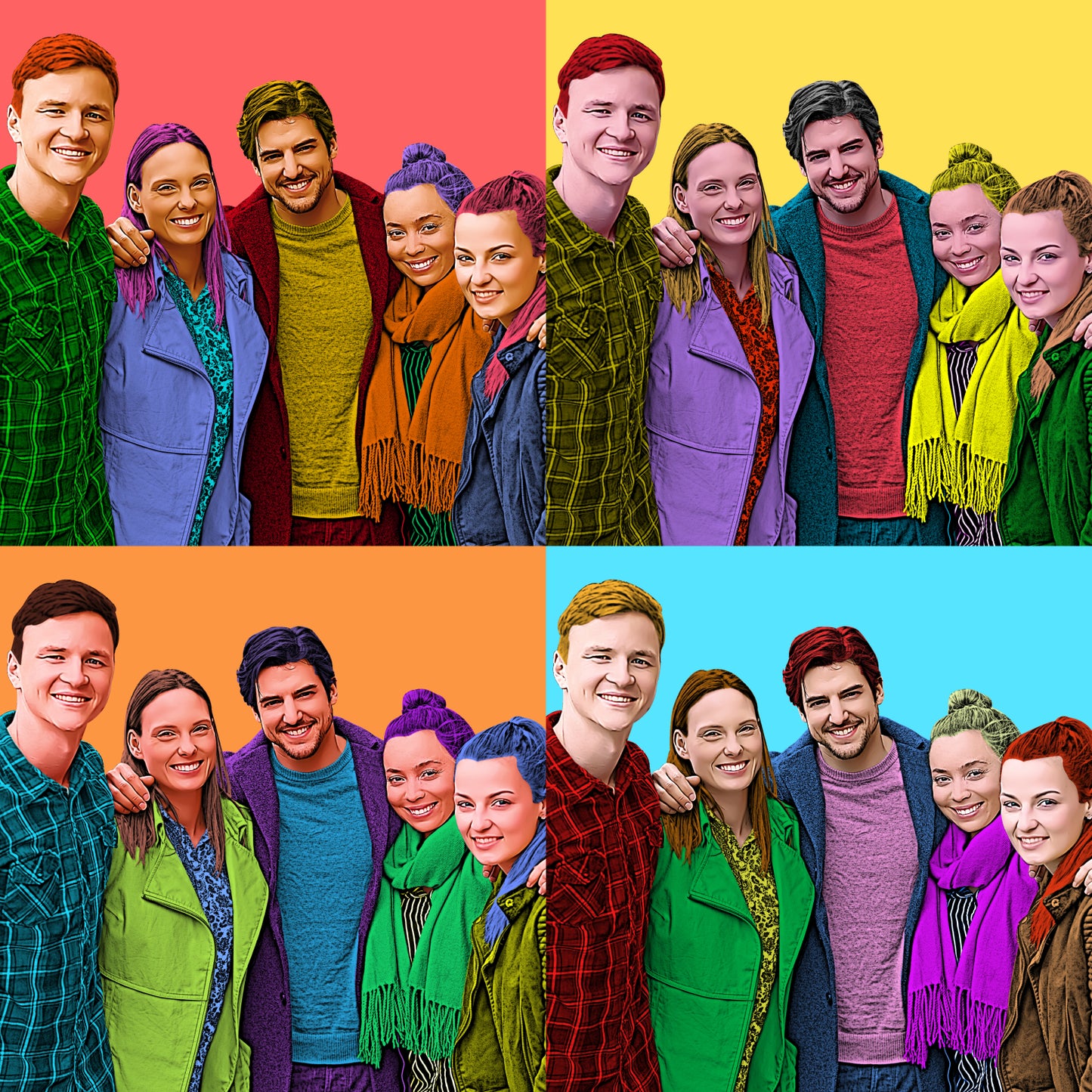 ArtYourFace, Pop Art, Andy Warhol, Vierer Raster, 5 Personen